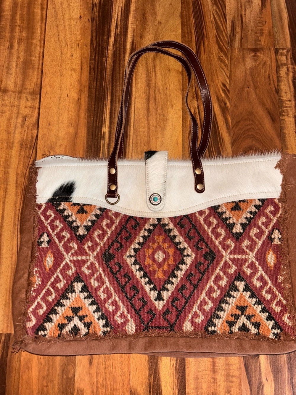 Myra Bag Red, Cream and Brown Aztec Pattern Tote with Leather Handles
